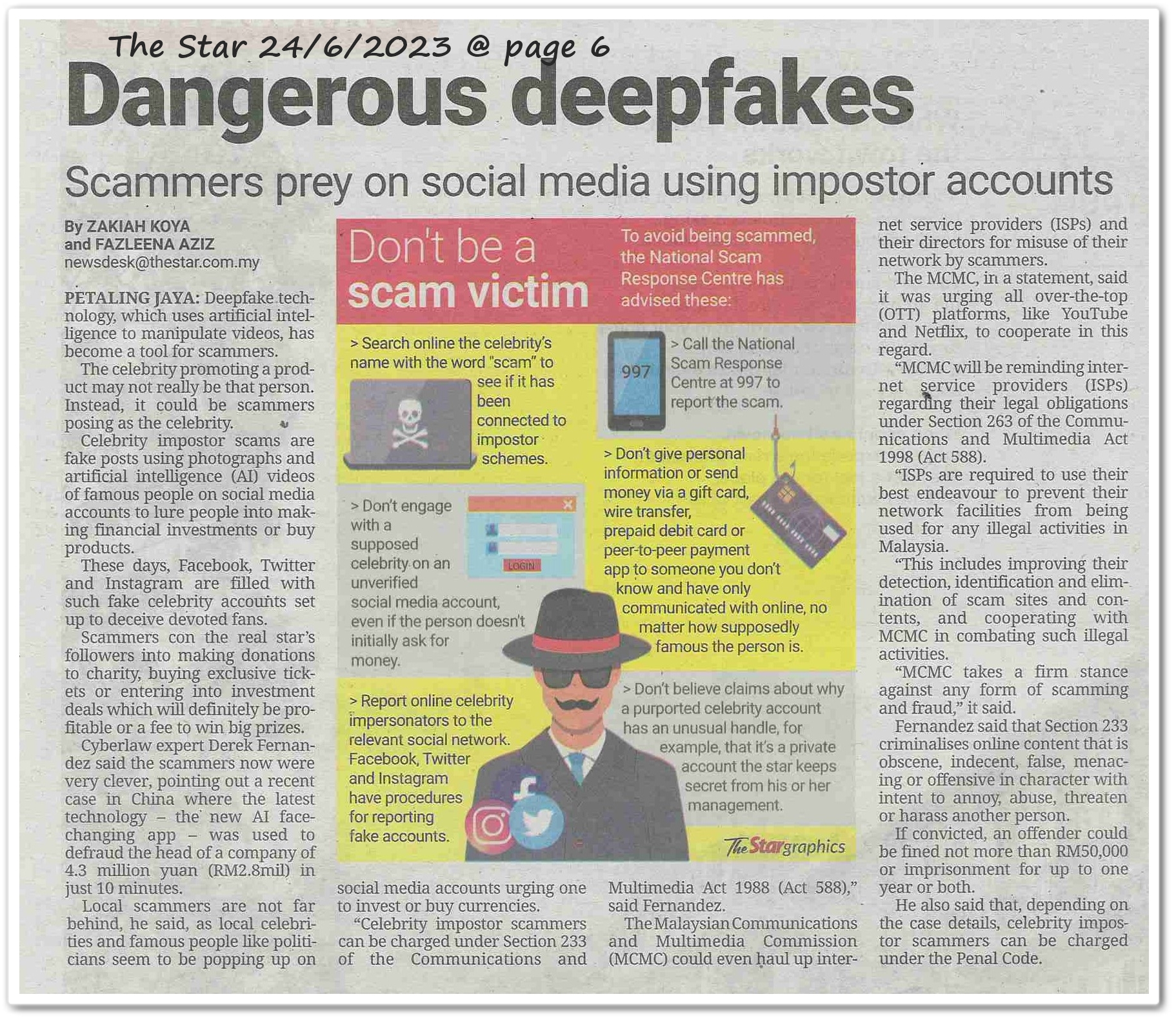 Dangerous deepfakes ; Meta directors can be taken to court for harmful content ; Celebs warn of their names used as lures by scammers - Keratan akhbar The Star 24 June 2023