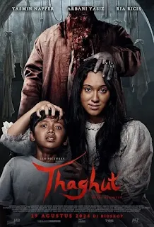 Poster resmi film Thaghut menampilkan Yasmin Napper, Arbani Yasiz, dan Ria Ricis dengan suasana mencekam