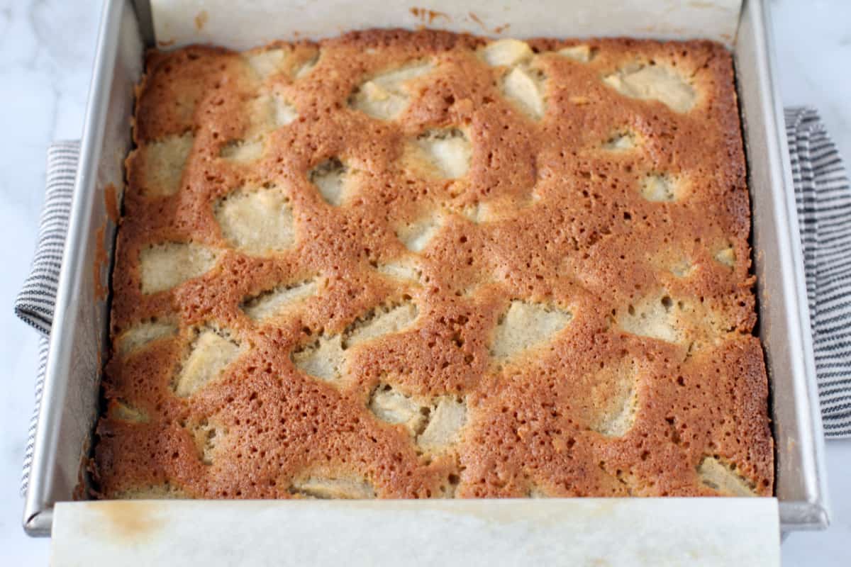 Ginger Pear Cake in a square cake pan.