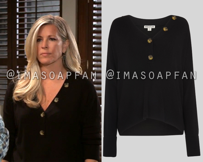 Carly Corinthos, Laura Wright, Black V-neck Sweater with Asymmetric Buttons, General Hospital, GH