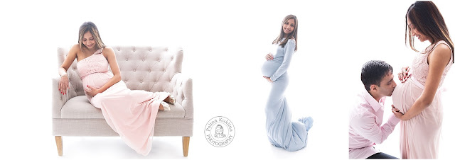 Collage of three images from a maternity photo session: Glowing mother-to-be in flowing, one-shoulder pale pink gown seats cradling her baby bump and looking down. Center: Expecting mother-to-be in a light blue gown. Right: Father-to-be kneels in front of his partner, holding and kissing baby bump; she gazes down at him with a smile