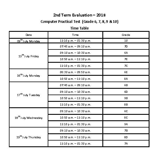 Time table - 2nd Term Computer Practical Test (Grade 6 to 10)  