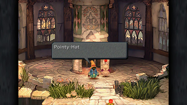 Screen shot, Vivi wearing a blue coat and a pointy hat, says 'Pointy Hat' to a moogle standing beside him in a round room.