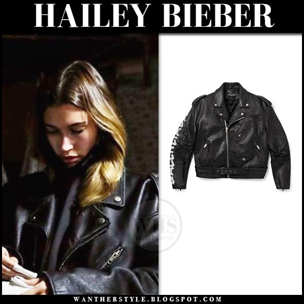 Hailey Baldwin in black leather biker jacket