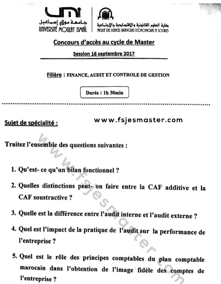 Exemple Concours Master Finance Audit et Contrôle de 