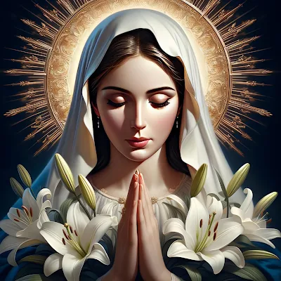 Imagenes de la Virgen María con un halo de flores de lirio blanco