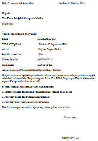 Contoh Surat Permohonan Rekomendasi dari Yayasan Pondok 