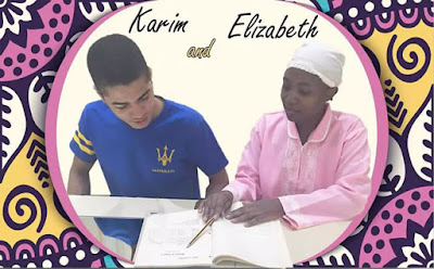 Elizabeth teaching Karim to read