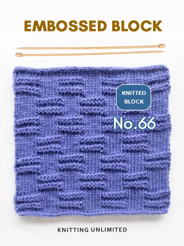 Knitted square no.66 is a textured pattern that creates a raised, three-dimensional effect on the fabric. It is a simple yet visually interesting pattern that is achieved by alternating blocks of knit and purl stitches.