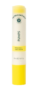 A bottle of NU SKIN Nutricentials Vitamin C Plus Collagen Pump standing upright, showcasing its elegant design, poised to brighten and firm the skin.
