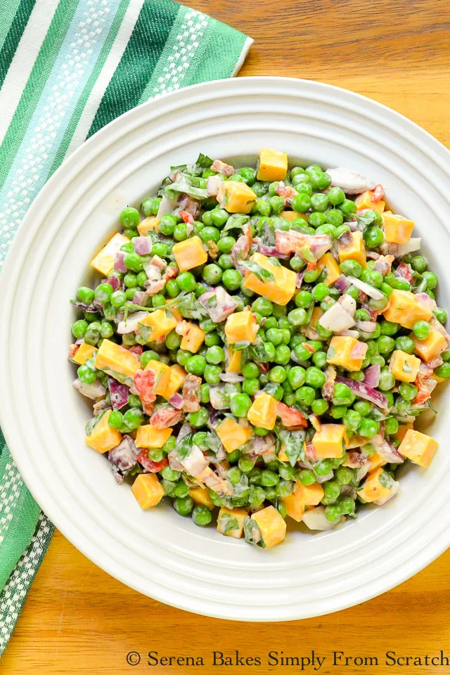 Pea Salad with Bacon and Cheddar Cheese is an easy side salad recipe to make. Delicious for gatherings from Serena Bakes Simply From Scratch.