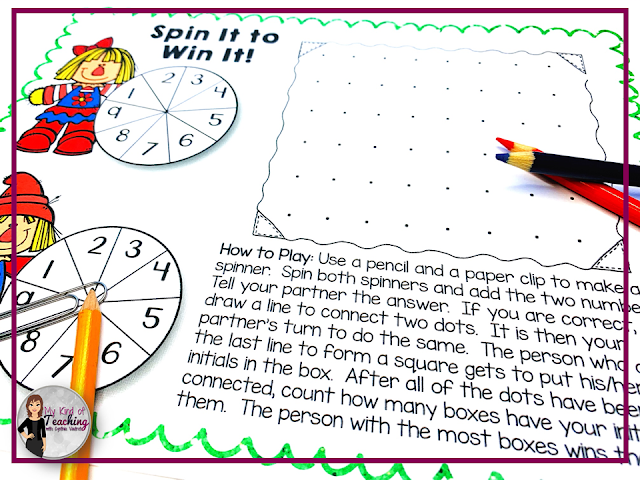 Two spinners and solve the addition problem and make a line between the dots