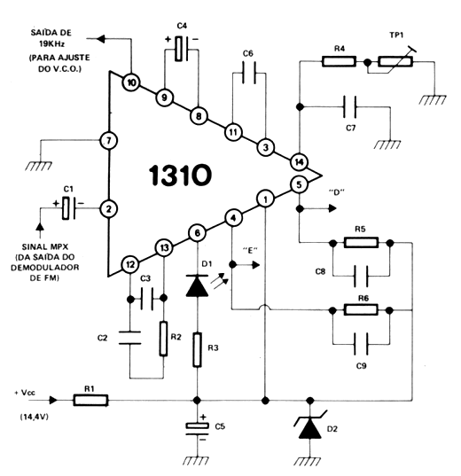 Circuito típico de um decodificador estéreo multiplex com integrado "1310".