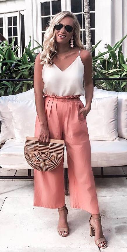 amazing outfit idea / bag + heels + blush wide pants + white v-neck top