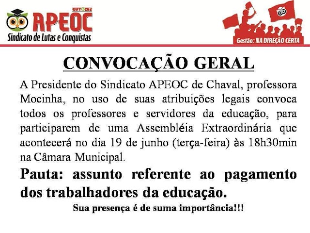 APEOC de Chaval realizará Assembleia Extraordinária nessa terça