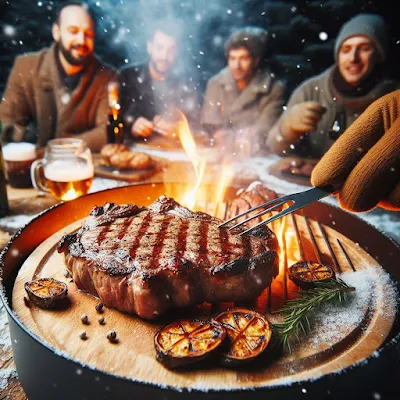 Das Bild zeigt einen winterlichen Grillabend mit Freunden die am Grill stehen und Steaks grillen.