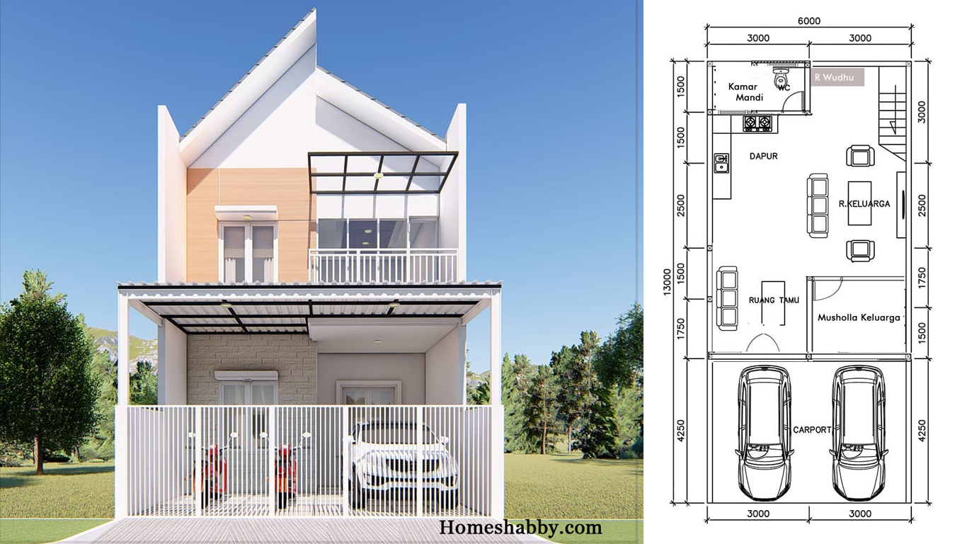 Desain Dan Denah Rumah Ukuran 6 X 13 M 2 Lantai Konsep Elegan Dengan Atap Miring Di Lengkapi Mushola Homeshabbycom Design Home Plans