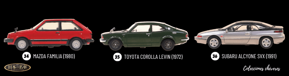 Mazda Familia 1:64 deagostini, Toyota Corolla Levin 1:64 deagostini, Subaru Alcyone SVX 1:64 deagostini