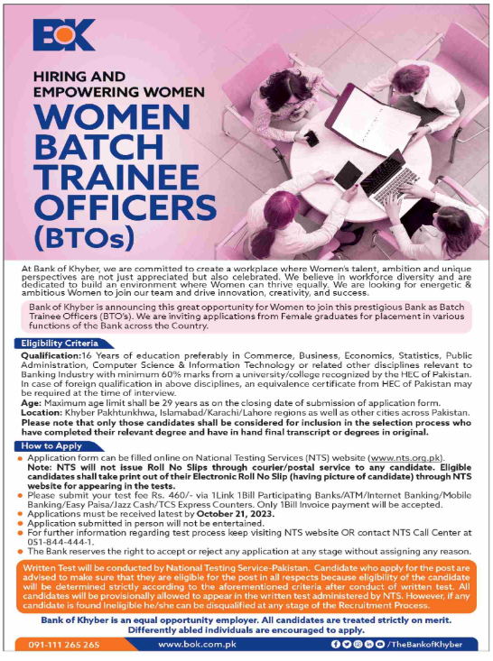 Bank of Khyber women batch trainee officer ad