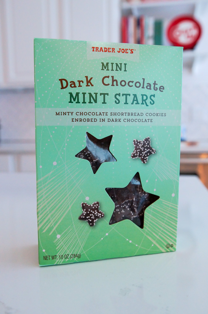 Trader Joe's Mini Dark Chocolate Mint Stars in box on countertop