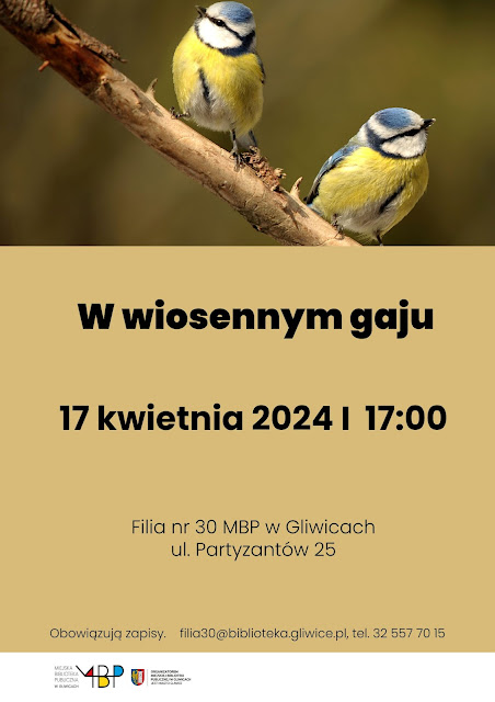 Plakat promujący spotkanie. U góry sikorki siedzące na gałęzi.