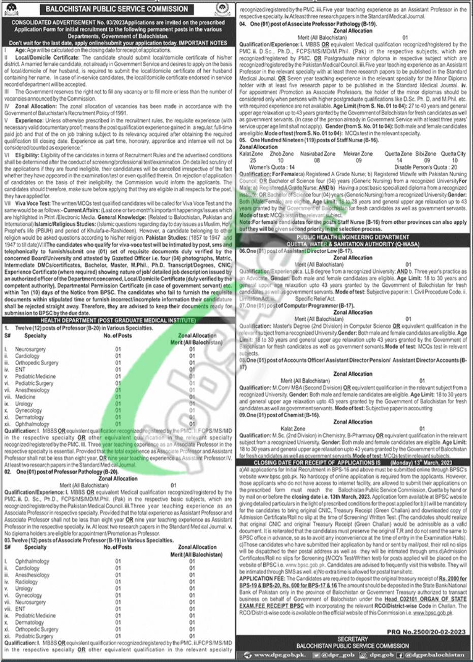 Jobs in BPSC Quetta 2023 Balochistan Public Service Commission Latest