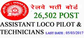 रेलवे भर्ती बोर्ड में सहायक लोको पायलट एवं टेक्निेशियन के 26502 पदो पर भर्ती