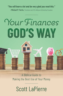 Book cover title reads "Your Finances God's Way" and has an image of six stacks of coins with either a graduation cap, shopping cart, house, airplane, piggy bank, and wedding rings on top