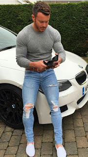  Muscle Man Car Beyond Phones Playing, Gray Dar sweater - Blue Ripped Pants - White in shoes Muscle Men Combi his 