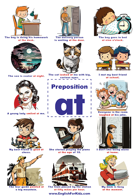Printable preposition poster - English preposition at