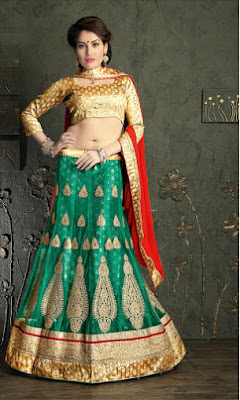 Embroidered Green color Lehnga Kali with Red color Dupatta and Jacquard Brocade Blouse