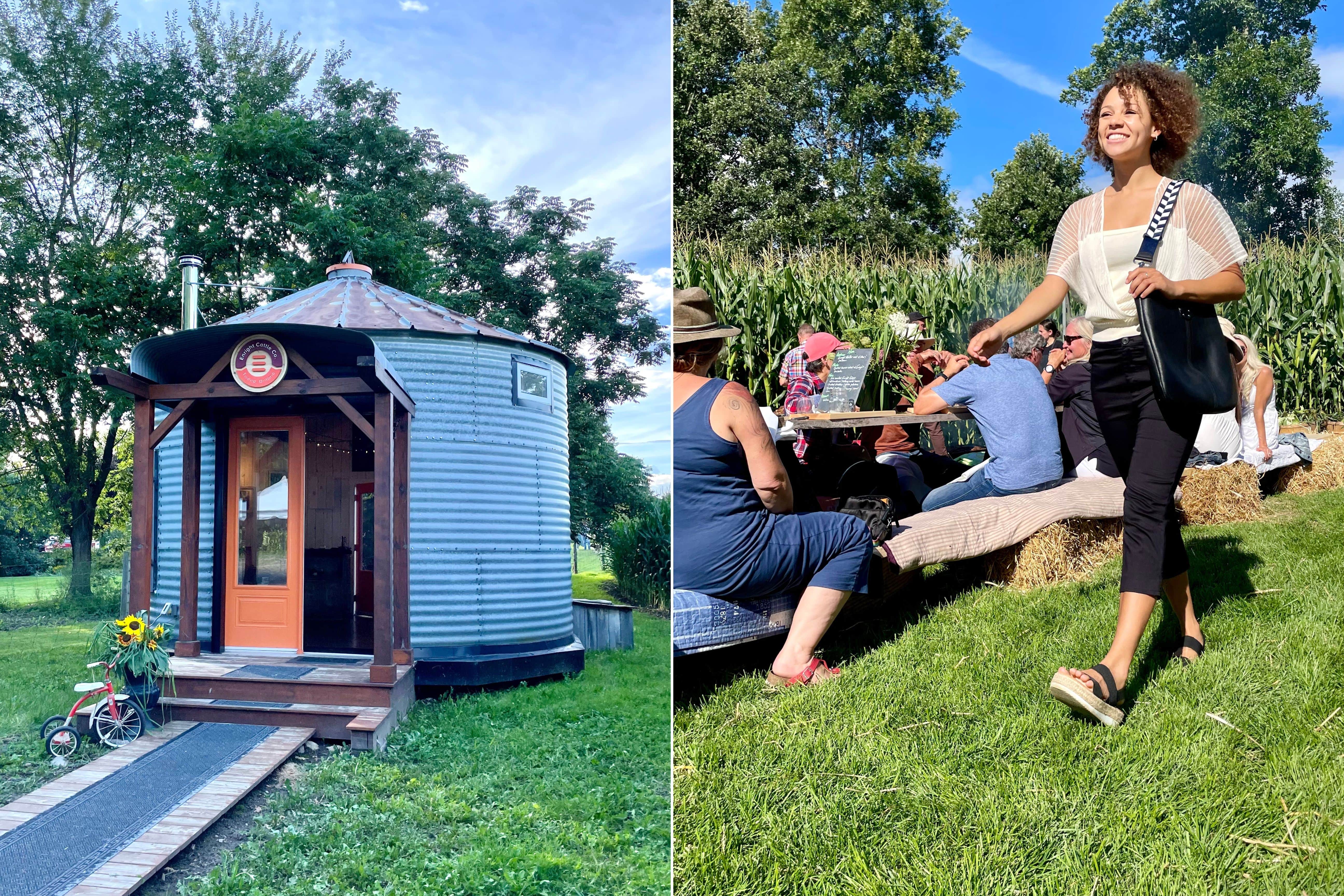 Two side by side images of converted grain bin and Chris James and Curate Social clothing being modelled with Enright Cattle Company leather purse.