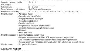 RPPH TK PAUD Kurikulum 2013 Kelompok Usia 5-6 Tahun Tema Api Subtema Kegunaan Api