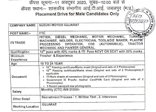 Suzuki Motor Gujarat - ITI Jobs Campus Placement Drive at Government Divisional ITI, Jabalpur, Madhya Pradesh