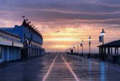 Ocean City, New Jersey, empty boardwalk at sunset