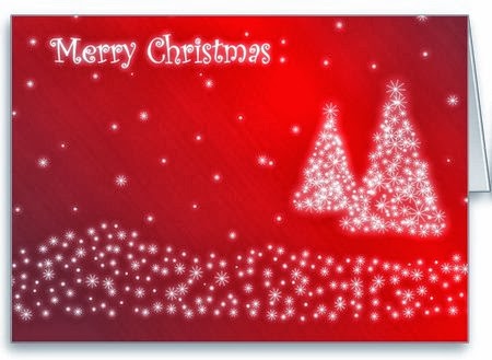 Christmas greeting Card - Merry Christmas card with white Christmas tree and white stars on red background