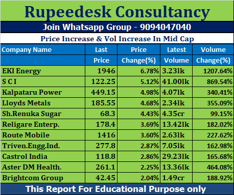 Price Increase & Vol Increase In Mid Cap