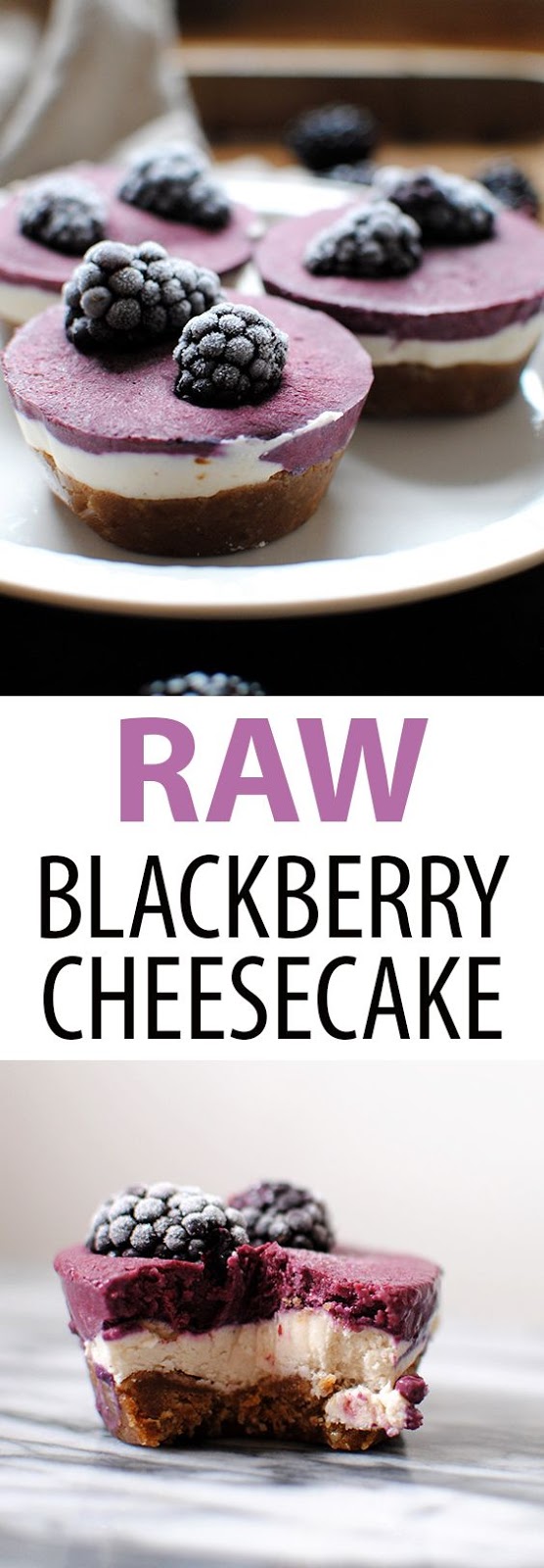 Raw Blackberry Cheesecakes are raw, vegan, gluten free, and delicious. Just 8 ingredients: coconut milk, shredded coconut, maple syrup, dates, walnuts, cashews, coconut oil, and blackberries // raw cheesecake // raw dessert // blackberry dessert // healthy dessert // gluten free dessert resilient being