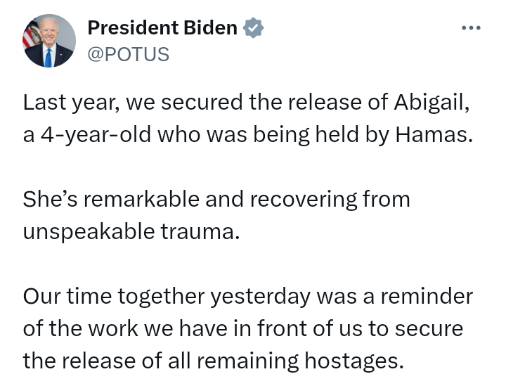 President of the United States (US), Joe Biden, holding Avigail Idan, a 4-year old freed Israeli-American hostage