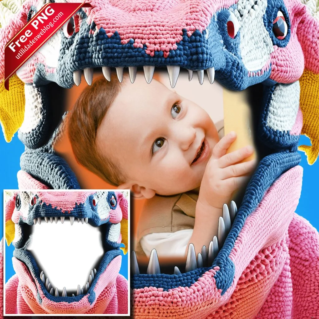 marco para fotos con dinosaurios bordados o de crochet en png con fondo transparente para descargar gratis