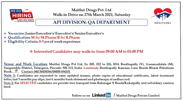 Maithri Drugs | Walk-in for Freshers and Expd in QA at Hyderabad on 27th Mar 2021