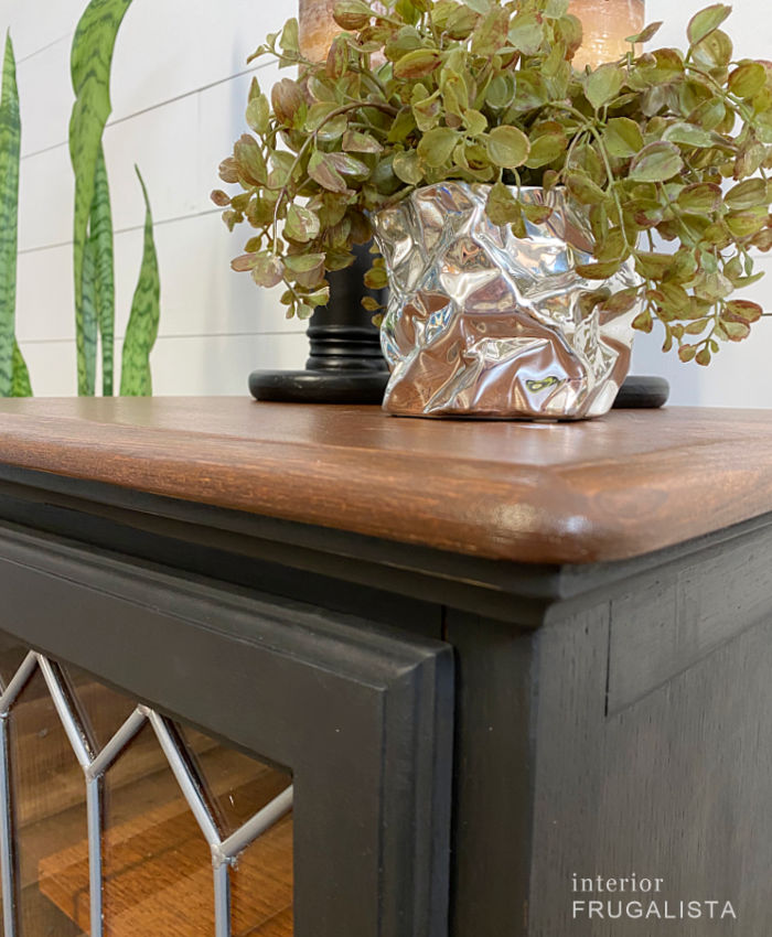 A quick and easy side table makeover with black paint and dark walnut stain.