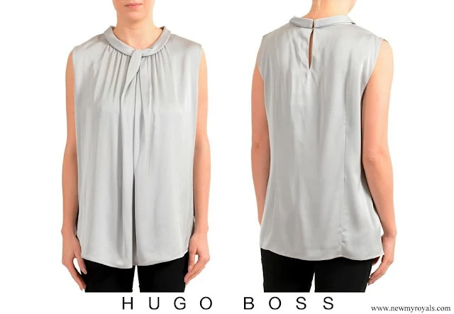 Crown Princess Mary wore Hugo Boss Lyabo Gray Silk Sleeveless Blouse Top