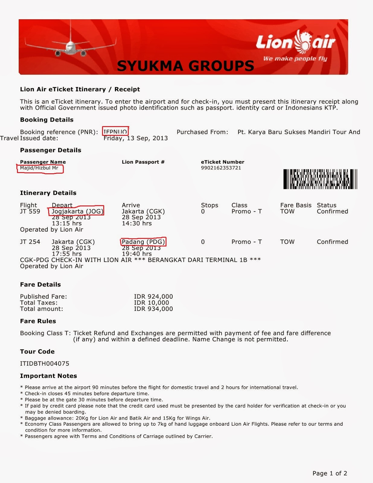 Contoh LION AIR eTicket salah seorang pelanggan kami di syukma groups