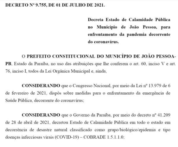 Cícero Lucena decreta estado de calamidade pública em João Pessoa decorrência da Covid-19