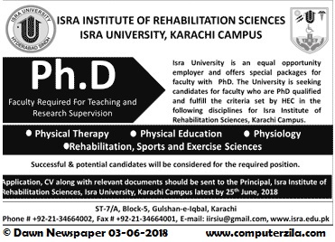 Ph.D Faculty Required for Teaching and Research Supervision at ISRA Institute of Rehabilitation Sciences, ISRA University