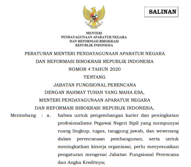   Permenpan RB Nomor 4 Tahun 2020 Tentang Jabatan Fungsional Perencana (pdf) 