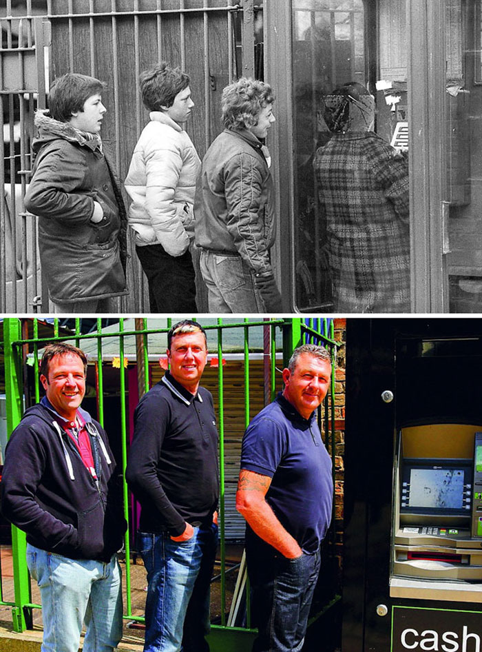 Photographer Recaptures Old Pictures Creating A Beautiful Reunion Of People He Photographed Decades Ago - Queuing For The Phone (1981 And 2016)