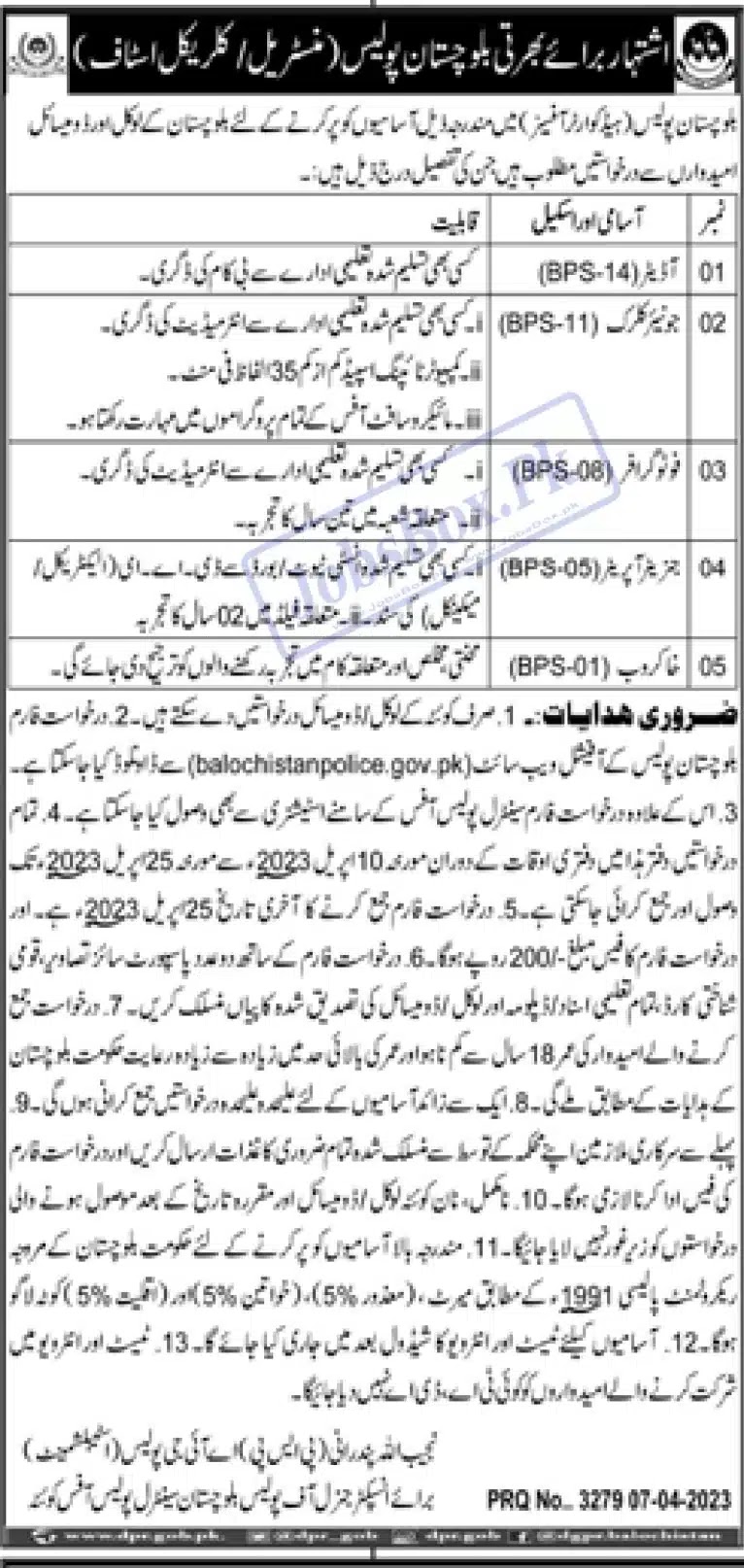 Balochistan Police  Department  Jobs in  2023