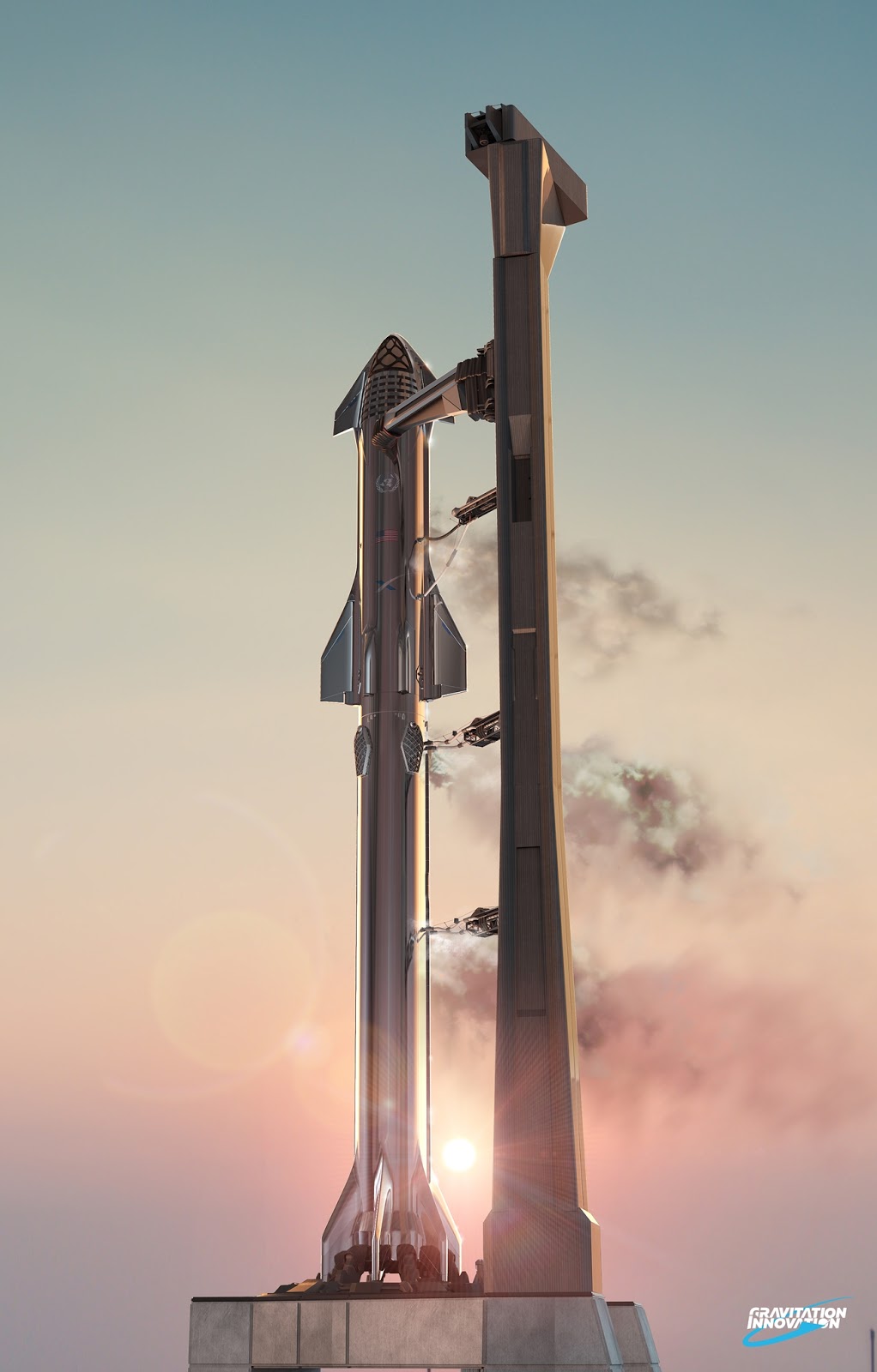 SpaceX Starship Super Heavy on launch pad by Gravitation Innovation